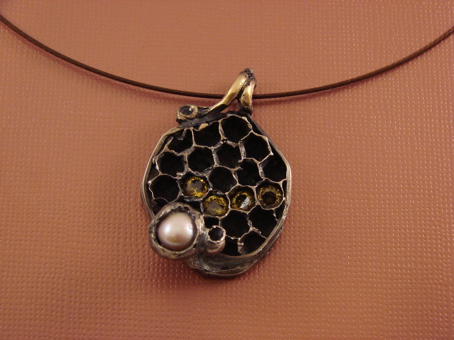 Bee honeycomb solid sterling silver pendant