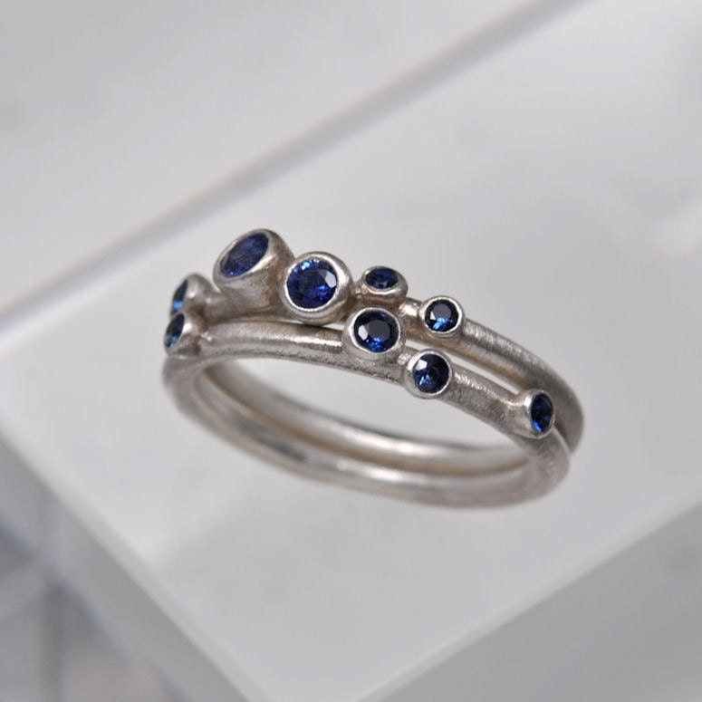 Sapphire anemone ring set of 2 - sterling silver.