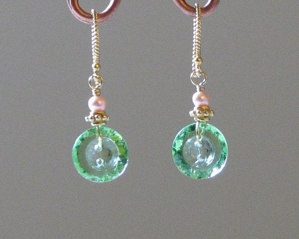 Mint Green Button Earrings with Peach Pink Pearls - Gold Vermeil - Vintage Pastel Czech Glass Buttons - Quilter Birthday Sewing Gift Idea