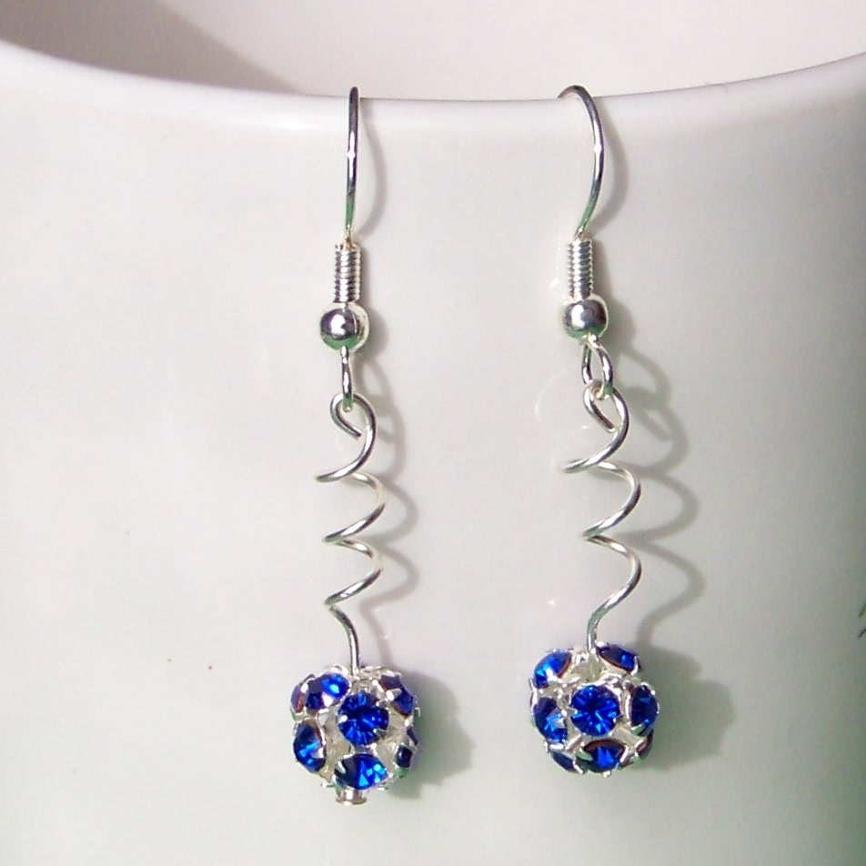 Blue Rhinestone Bead Twirl Earrings