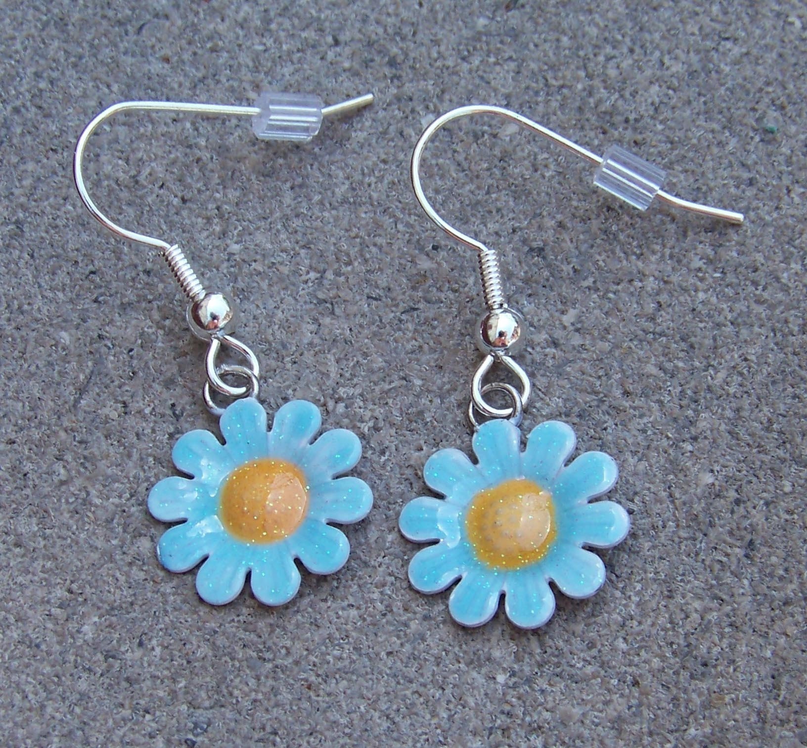 Dainty Summer Light Blue and Orange Flower DangleEarrings- with metal beads and earring backs