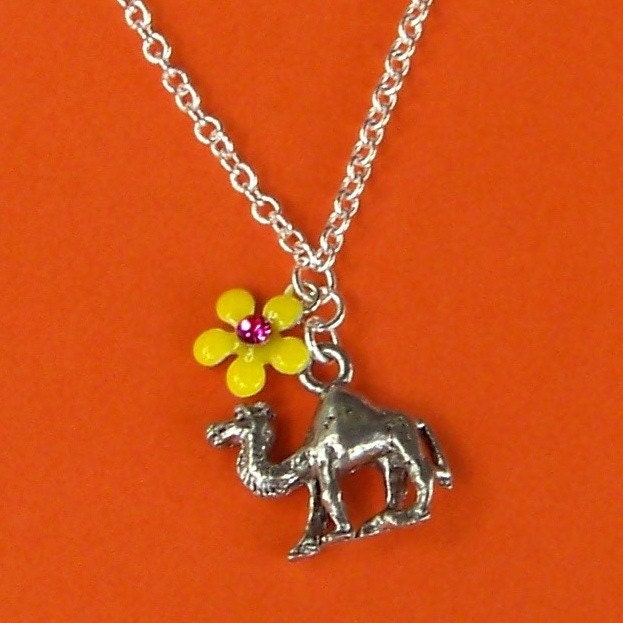 Cute Camel Pewter Charm Necklace - with tiny yellow flower and silver chain