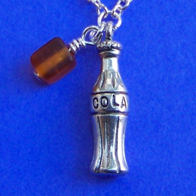 Coca Cola Bottle Pewter Charm Necklace - with glass brown bead and silver chain