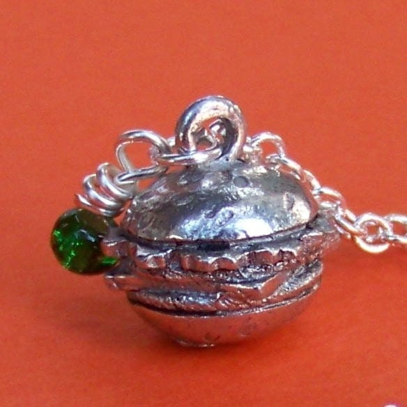 FREE SHIPPING - Tiny Cheeseburger Charm Necklace - with green glass bead and silver chain