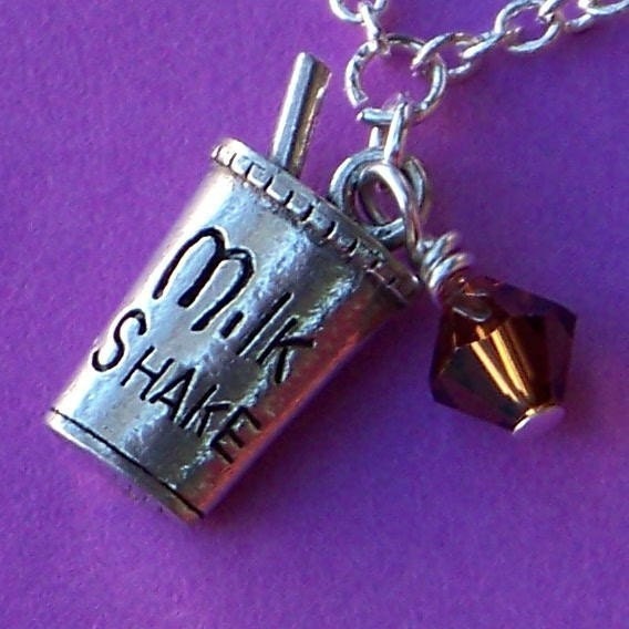 Chocolate Milkshake Charm Necklace with Brown Bead on Silver Chain