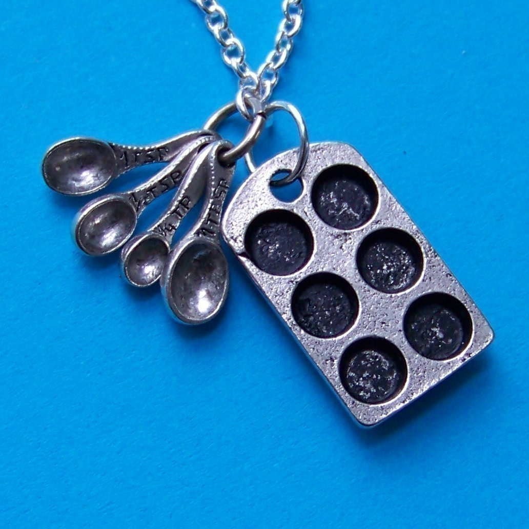 The Original Cupcake Lover Charm Necklace with Antiqued Pewter Baking Tin and Miniature Measuring Spoons and Silver Chain