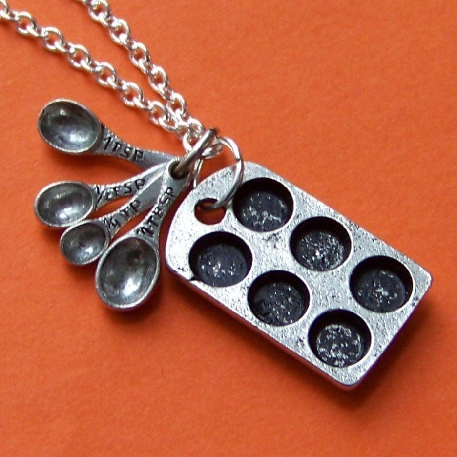 Loves to Bake Cupcakes Pewter Charm Necklace- with antiqued muffin tin miniature measuring spoons and silver chain