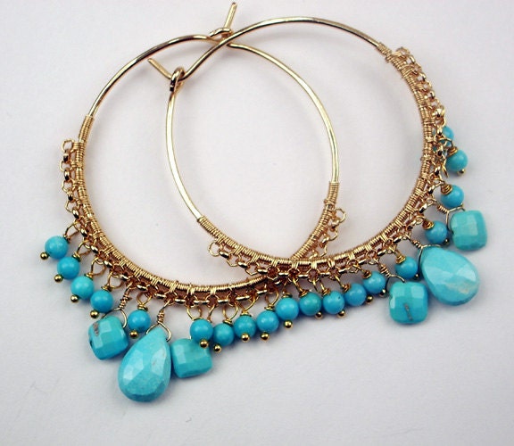 Sleeping Beauty Turquoise Beaded Gold Filled Hoop Earrings Wire Wrapped Gemstone Luxury Spring Fashion