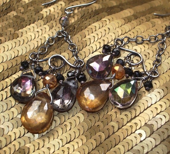 Rainbow Mystic Quartz Earrings, Black & Gold, Wire Wrapped Gemstone