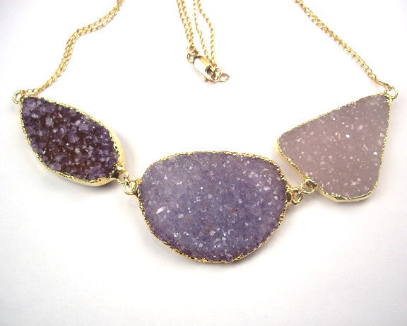 Druzy Necklace Jasper Crystal Geode Large Crystal Slice Statement Necklace Lavender Purple Gold Luxury Spring Fashion