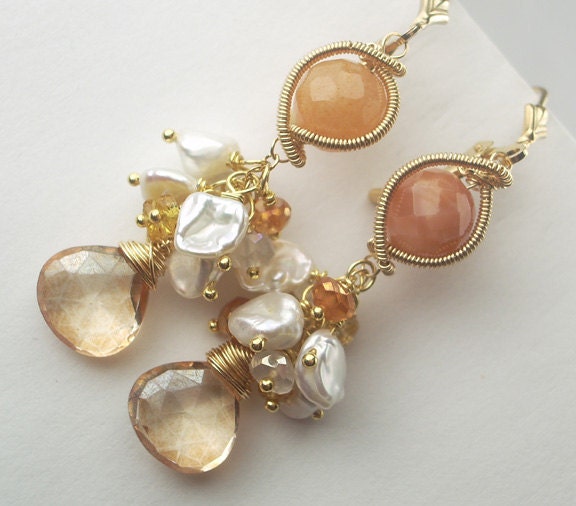 Peach Moonstone Earrings 14kt Gold Fill Coiled Wire Wrapped SALE