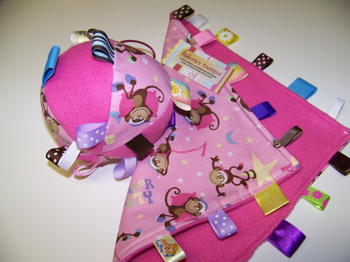 Baby SALE Taggie Ball & Blanket with Monkey in pink, brown and yellow or Butterflies Easter gift