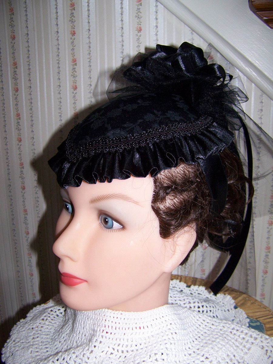 Ladies Civil War Hat Victorian,Black teardrop Brocade with Black Satin ruffle costume