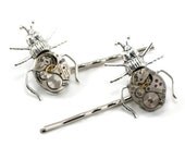 Steampunk Hair Barrettes - Curious Critters - Creepy Steampunk Clockwork Beetles and Vintage Watch Movements - SteampunkSweetShoppe