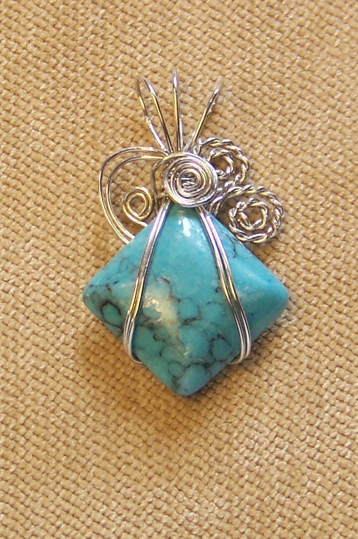 Turquoise Gemstone Silver Wire Wrap Necklace Pendant