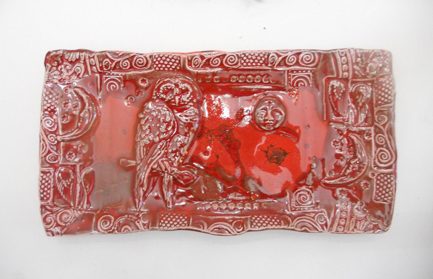 Owl Tray Moons Red Glass Ceramic Woodland Forest by Jacqueline Allard