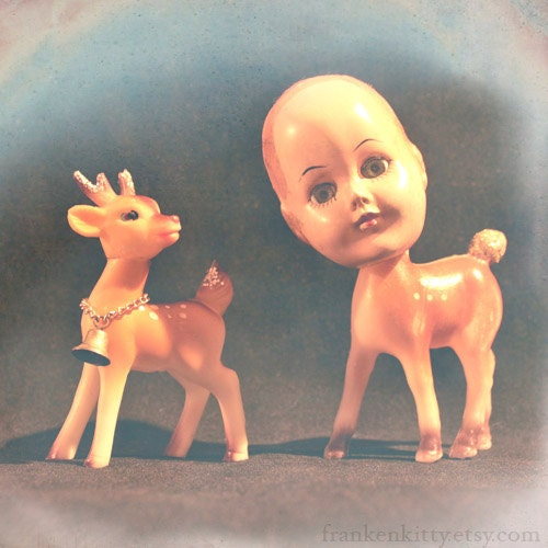 Weird Deer Christmas Photography Print, Dear, Plastic Reindeer with Vintage Doll Head