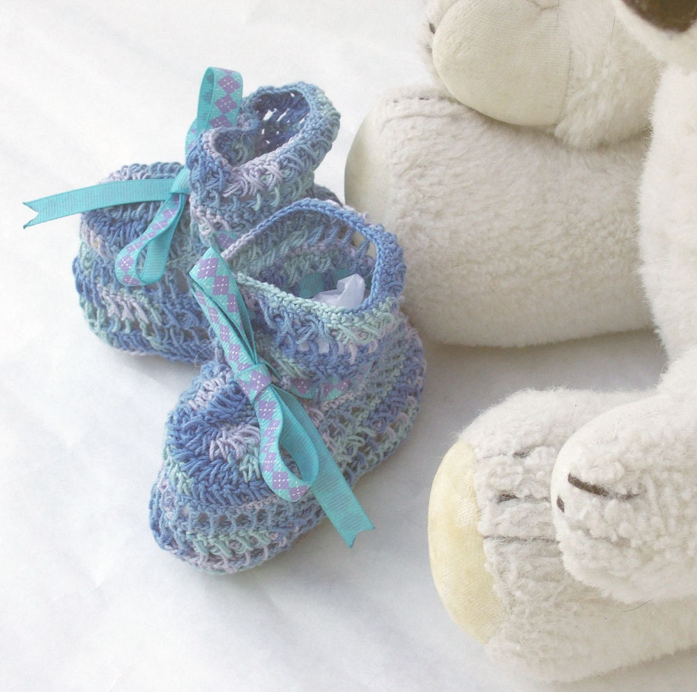 Crochet Cotton Baby Booties Purple, Green and Blue / 0-3 Months