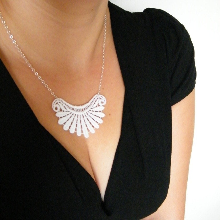 White Fan Lace Necklace with Sterling Silver chain - Under 30 USD