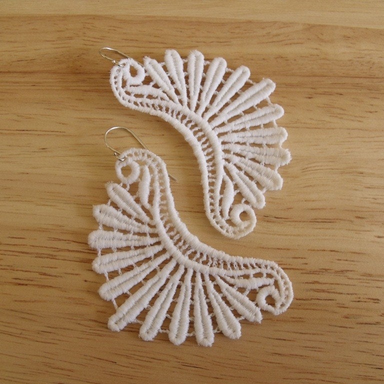 Angel Wings White Lace Earrings with Sterling Silver Ear Wires - Under 25 USD