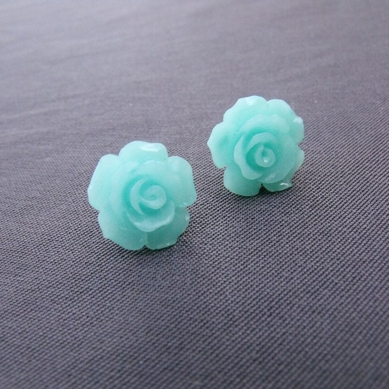 Turquoise Coral Rose Post Earrings with sterling Silver Stud - Under 20 USD