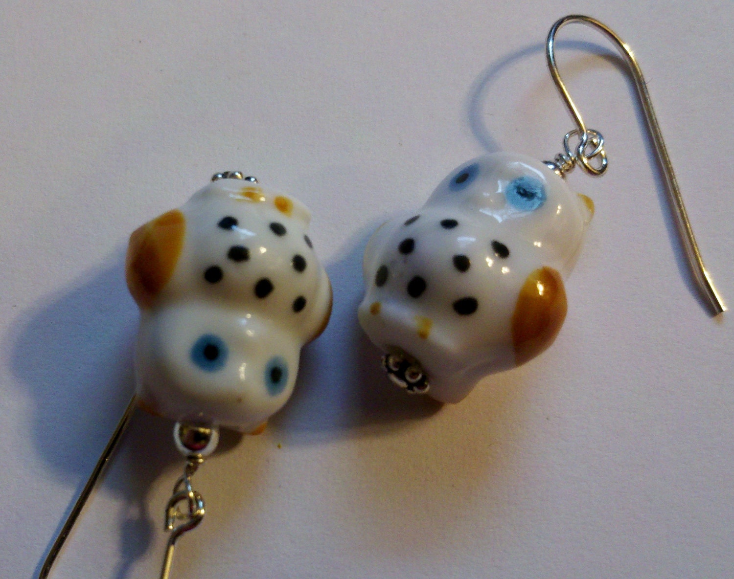 Sterling Silver wired white with blue eyes porcelain owl earrings