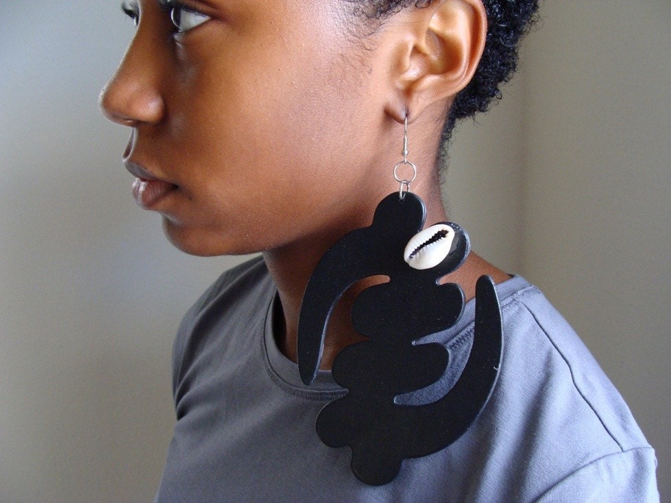 Black Gye Nyame Earrings w/Cowrie Shells