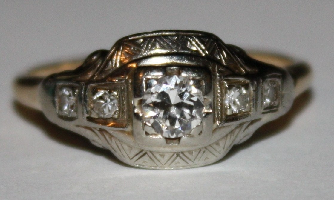 Antique Diamond 14k White Gold and Yellow Gold Ring