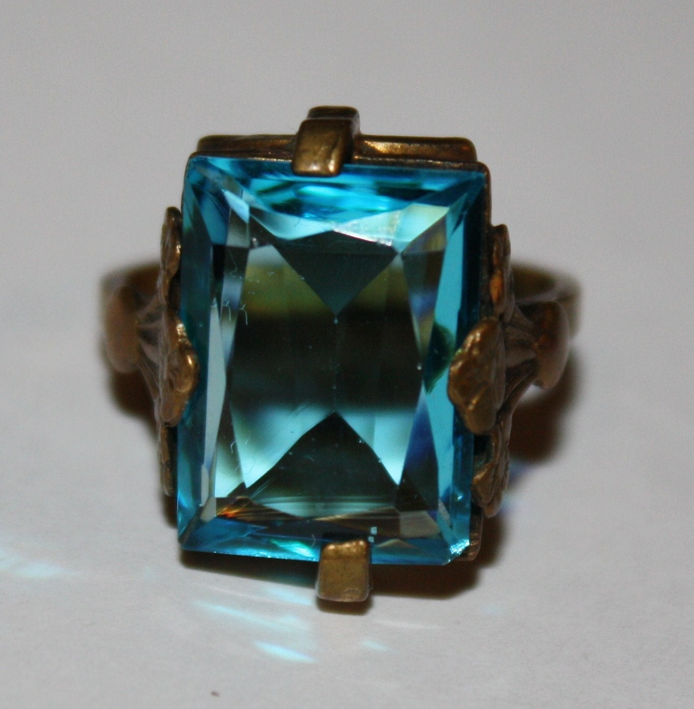 ANTIQUE Edwardian Victorian Blue Zircon Glass Brass Ring