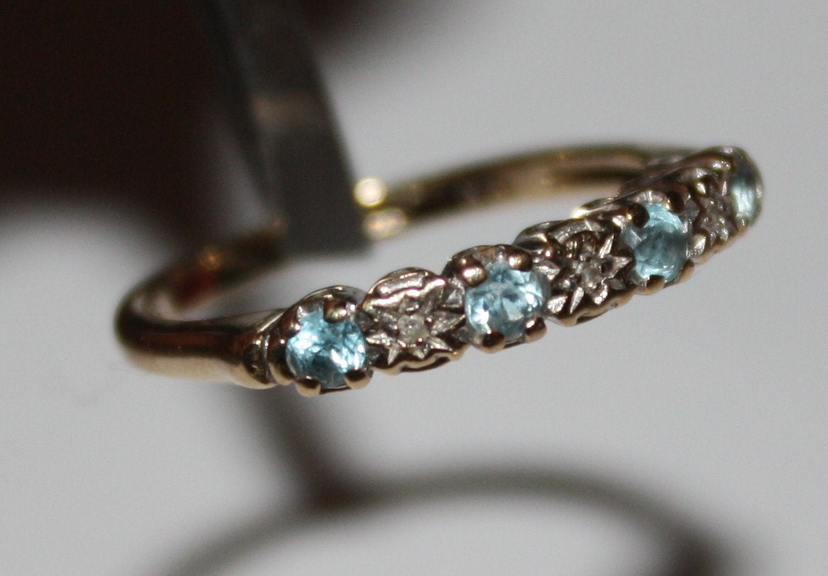 RESERVED for KIM Estate English Diamond & Blue Topaz 9ct Gold Ring