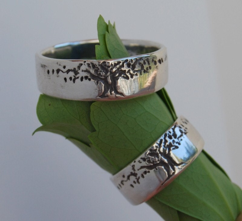 Tree of Life Ring Set 8mm wide Sterling silver Bands