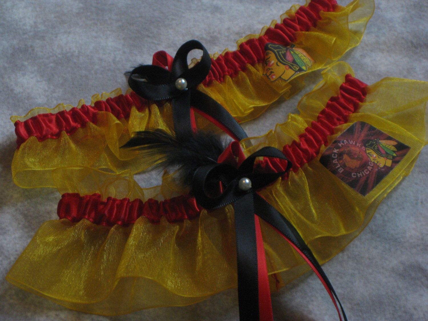 Handmade wedding garters keepsake and toss CHICAGO BLACKHAWKS wedding garter set