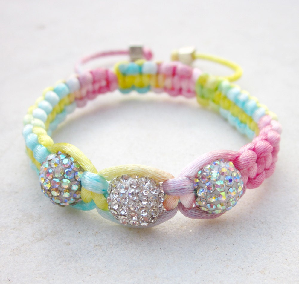 Friendship bracelet rainbow pastels macrame rhinestone disco ball beads