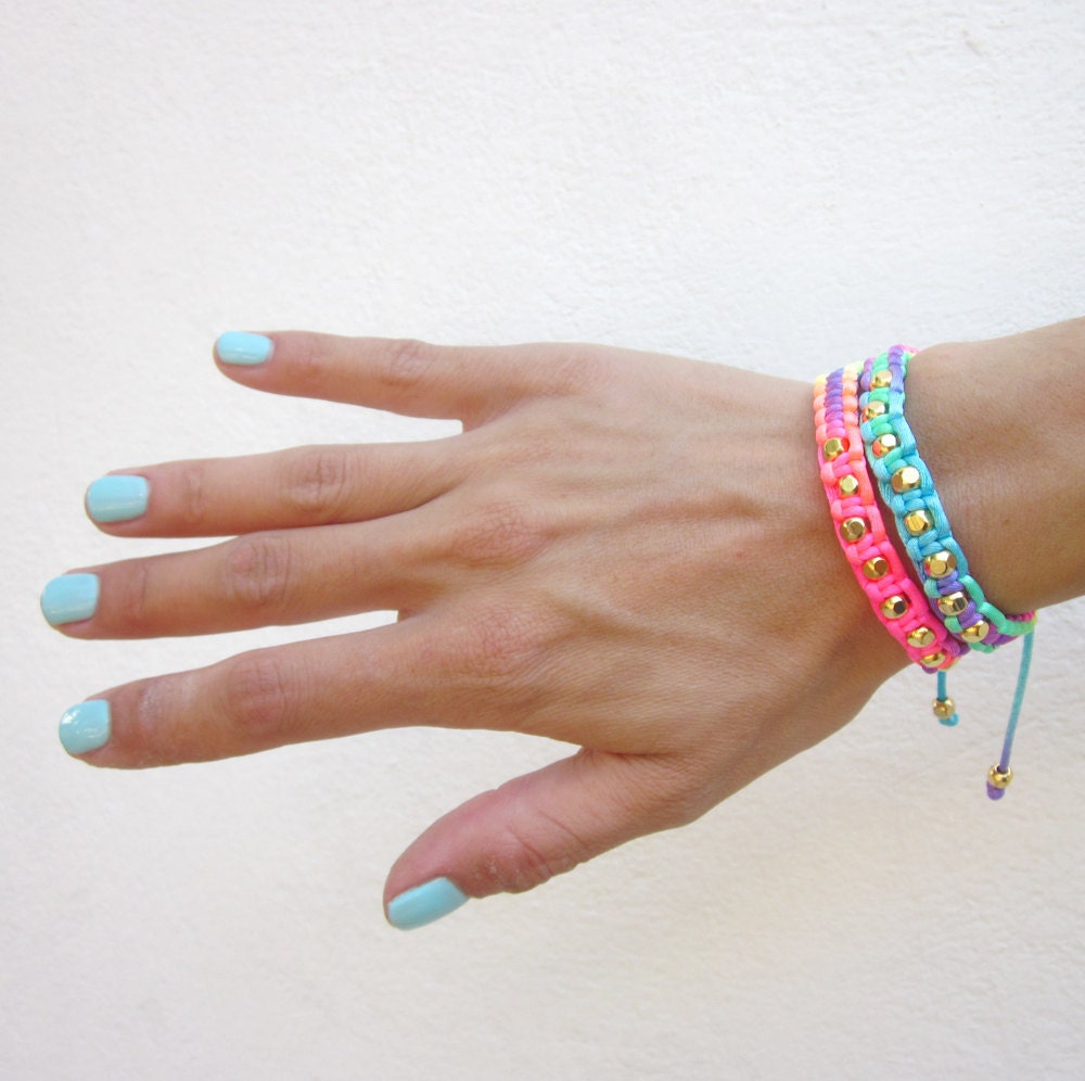 RAINBOW BRACELETS SET friendship bracelets neon bracelets macrame gold beads bracelets stackable  adjustable - Spring jewelry