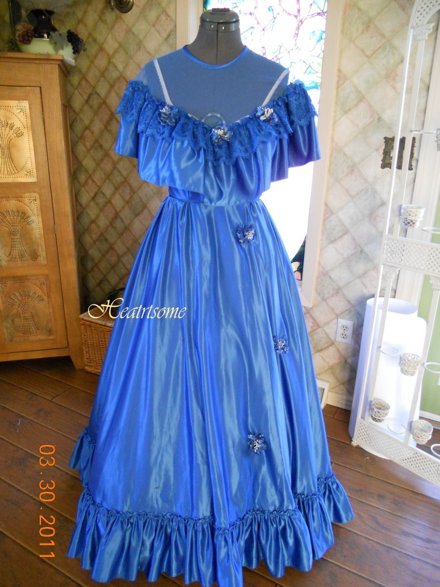 Vntg 70's 80s gown dress Southern Belle Victorian Ball Civil War Blue Free ship