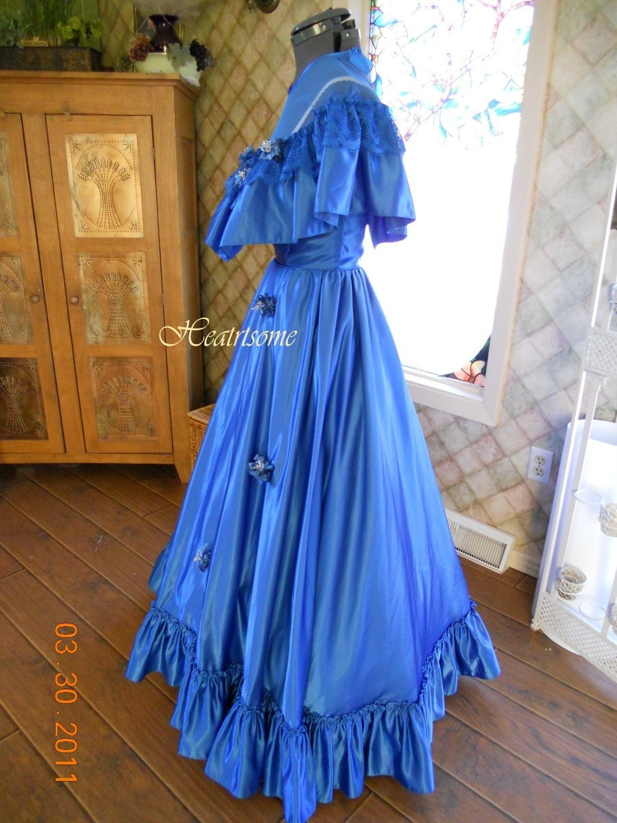 Vntg 70's 80s gown dress Southern Belle Victorian Ball Civil War Blue Free ship
