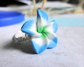 Clay Rose Ring - Size 5.25 - Wire Wrapped, Handcraft, Handmade, Flower, White, Blue, Turquoise, Ultramarine Blue, Bridesmaids, Cute, Pretty
