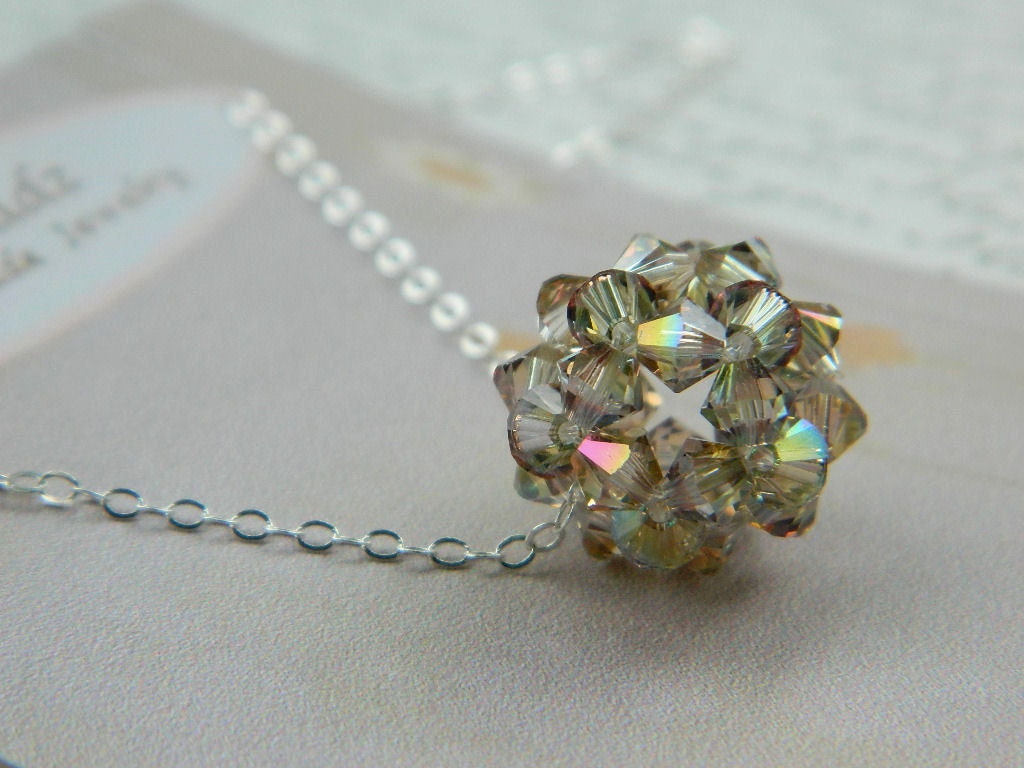 Necklace - Handmade Beadball - Crystal Ball - Cocoa, Grey, Gold, Green, Romantic, Classic, Traditional, Bridemaids, Silver, Chain, Elegant