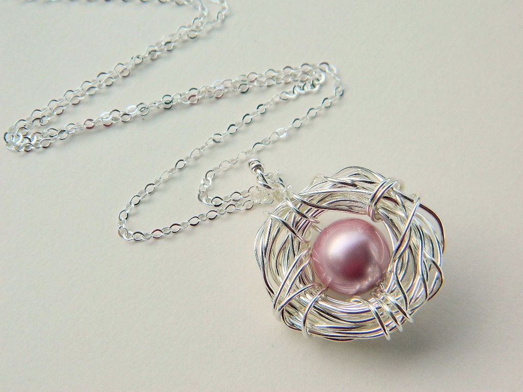 One Child Bird's Nest Necklace -- Sterling Silver, Pearls, One Kid, Rose, Baby pink, Pink, Pastel, Spring Break, OOAK, Mom, Mother's Day