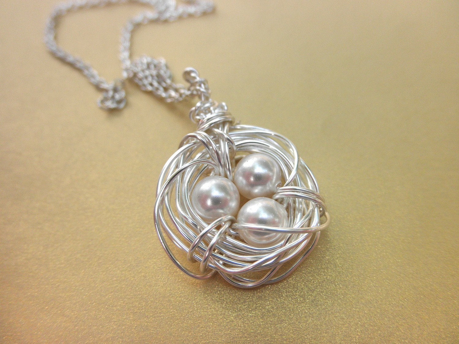 Three Child Bird's Nest Necklace -- Three Kids, Pearls, Blue, Baby Blue, Pink, Pastel, Easter, Egg, Sister, Brother, Mother's Day