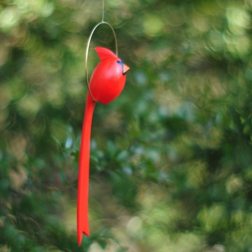 Cute Hanging Hand Carved Male Cradinal - This Cardinal balances freely on the stick Great christmas gift