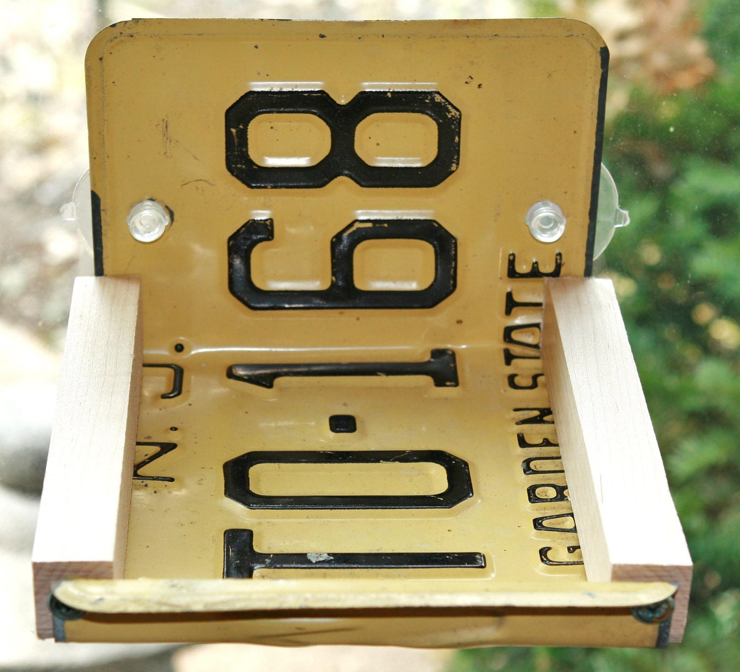 RECYCLED Wood and NJ License Plate Window Bird Feeder / Kitchen Rack With Two Suction Cups Great gift for your New Jersy NJ friends