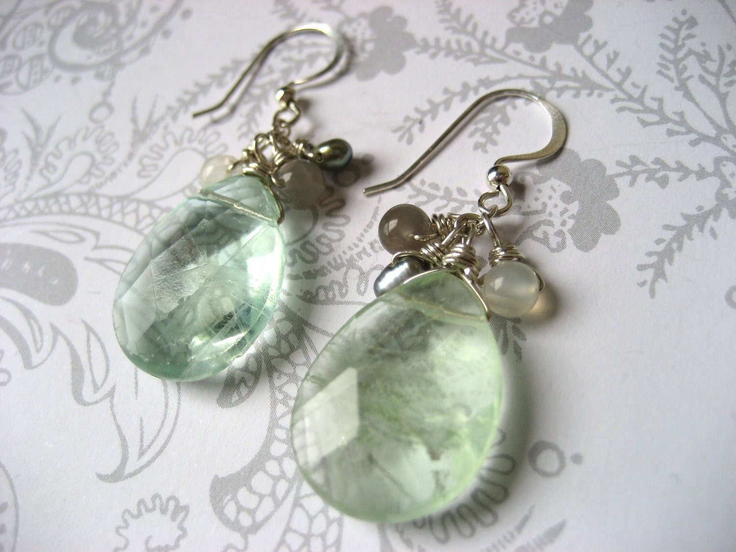 Fiona Earrings - water blue fluorite, moonstone and freshwater pearls on sterling silver