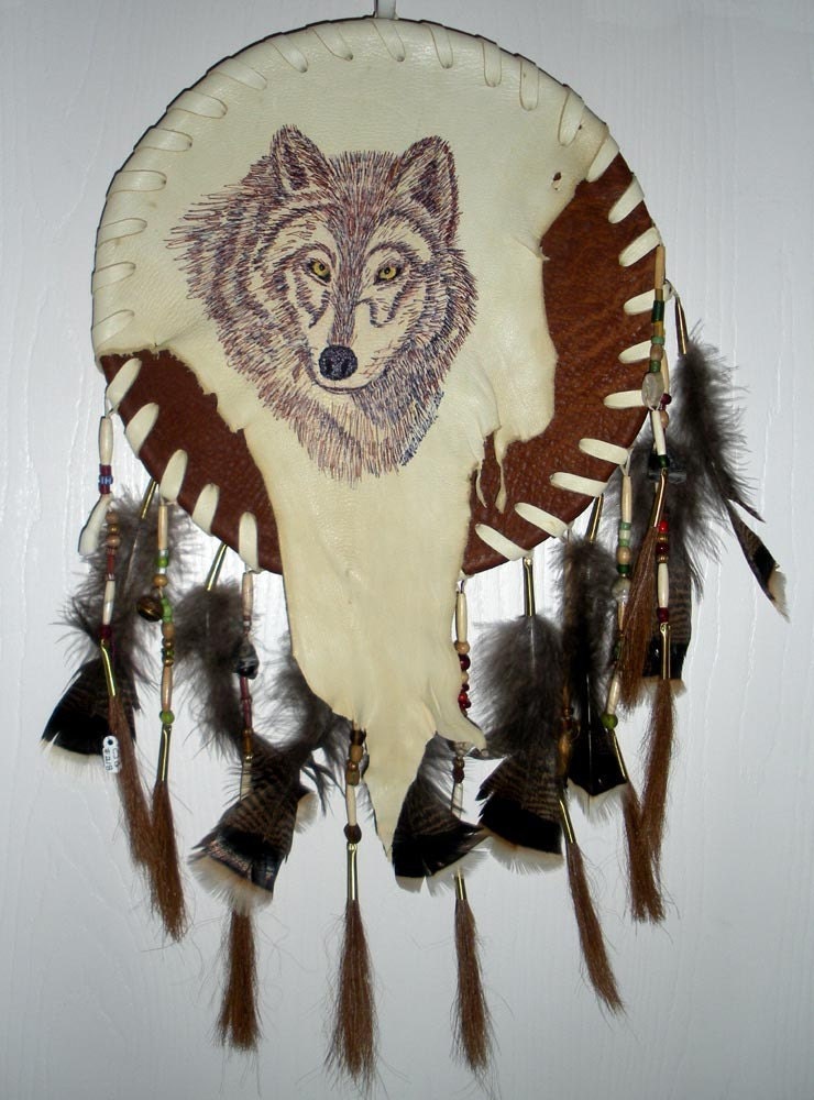 Sale WOLF TOTEM SHIELD Wall Decor - Feathers Stones Beads by Jaguar Goddess Designs