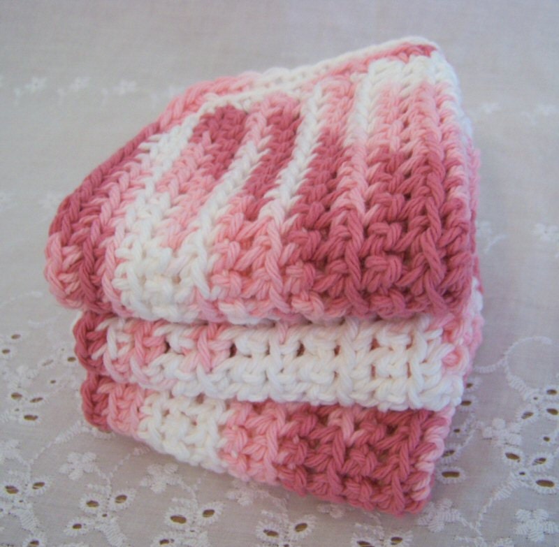 Cotton Dish Cloths - Pink, Dark Pink, Rose White - Crocheted 3 Piece Set "Tickled Pink"
