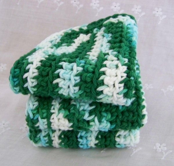 Wash Cloths, Dish Cloths, Cotton - Green, Teal, White - Crocheted 3 Piece Set "Snow Covered Pine"