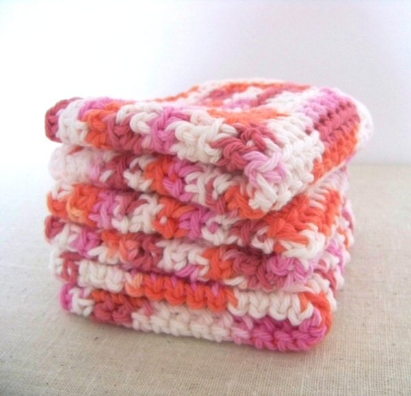 Dish Cloths, Cotton - Red, Orange, Pink, White - Crocheted 3 Piece Set "Strawberry Crush"