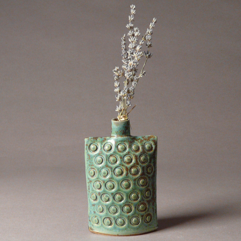 Stoneware oval flask bottle vase in blue-green embossed dots