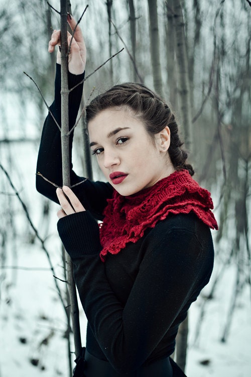 lace knitted scarf cherry red