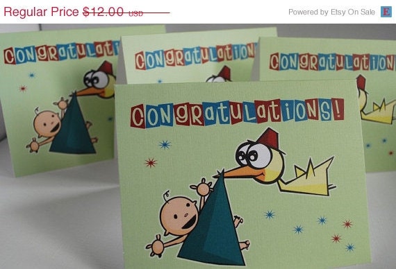 Half Off Sale Congratulations Stork New Baby Birth Greeting Card SET OF 4
